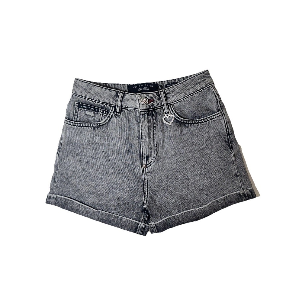 PHILIPP PLEIN Black Denim Faded 5 Pocket Design Button Jeans Shorts Sz 25 Women